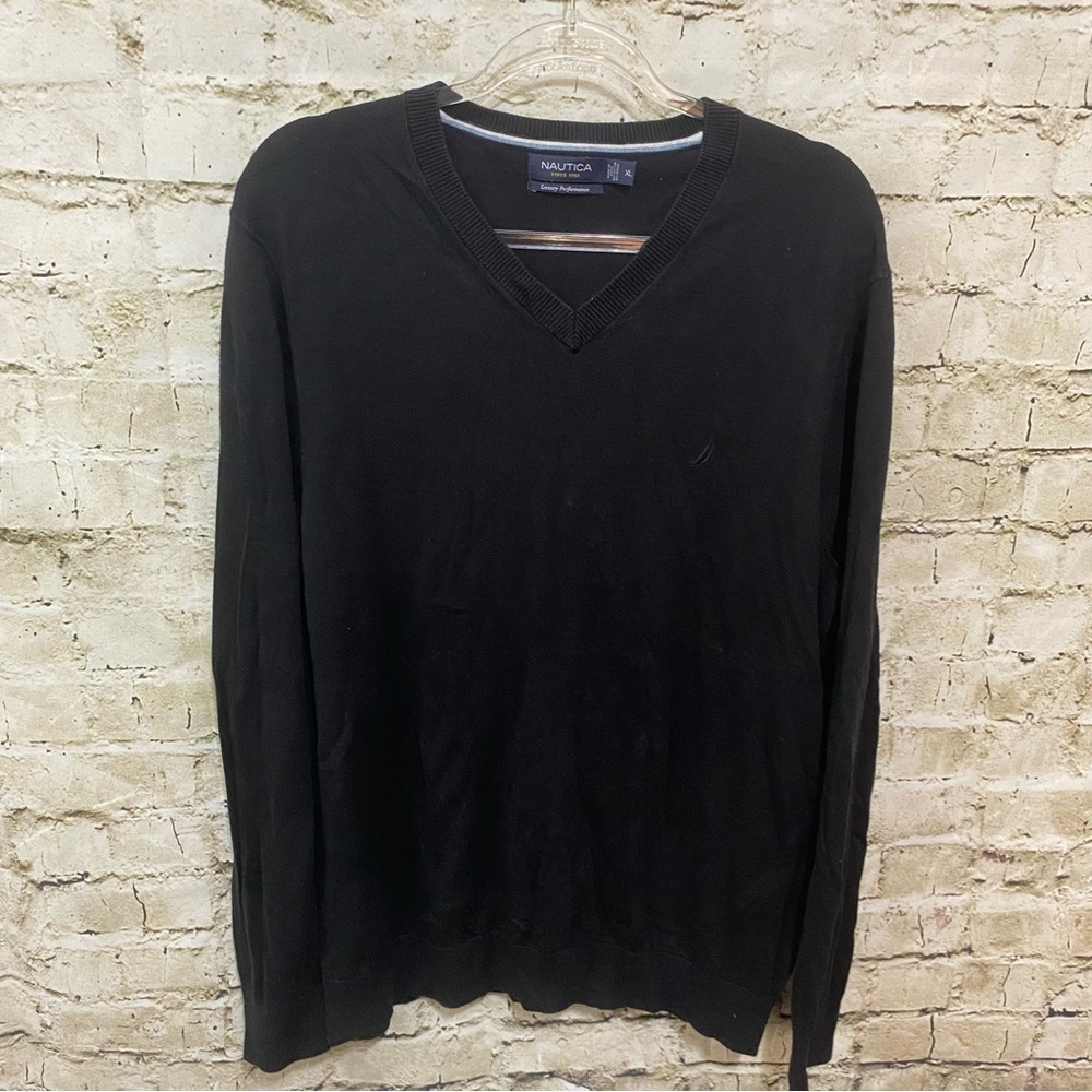 Nautica Black Soft Luxury Performance V Neck Thin Knit Sweater